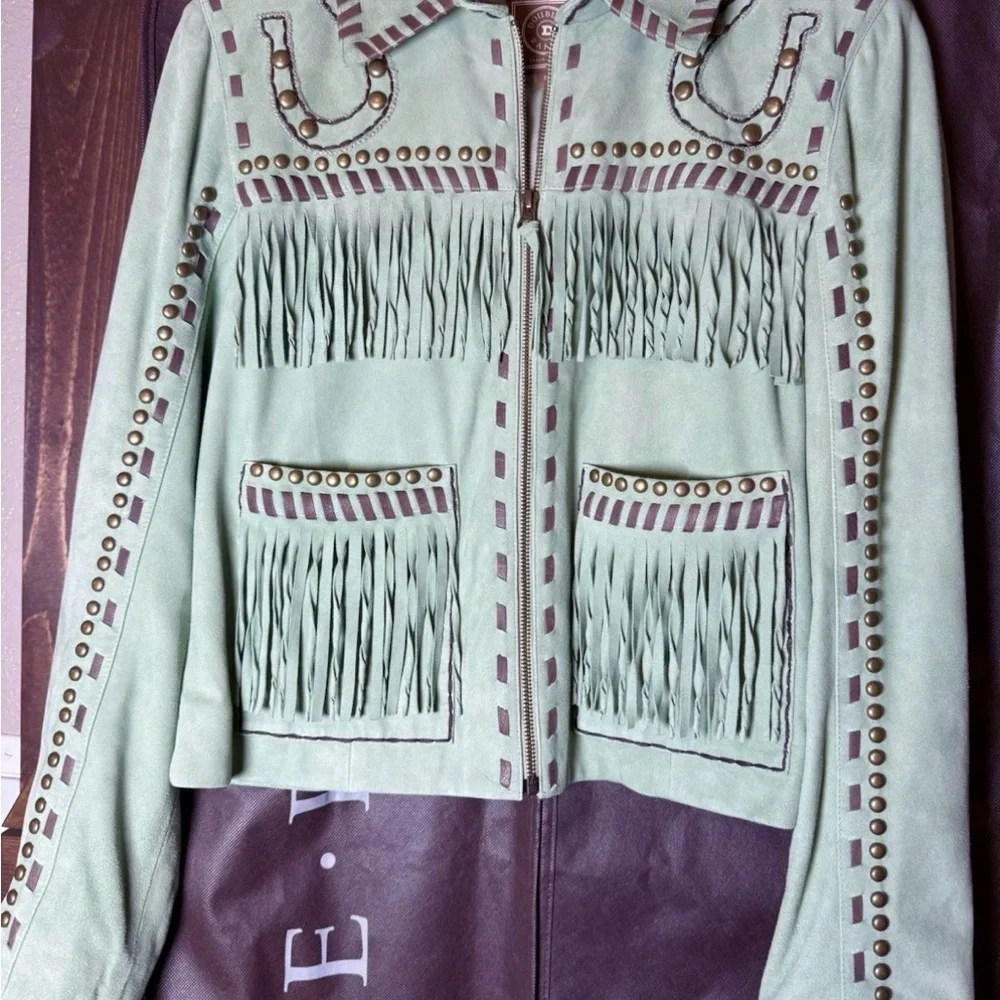 Double D Ranch Mint Suede Jacket with Fringe and Studs - Picture 3 of 15